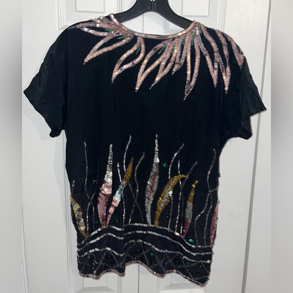 Vintage Argenti 100% Pure Silk Sequin Womens Top Black Tropical Size Small - Picture 4 of 4